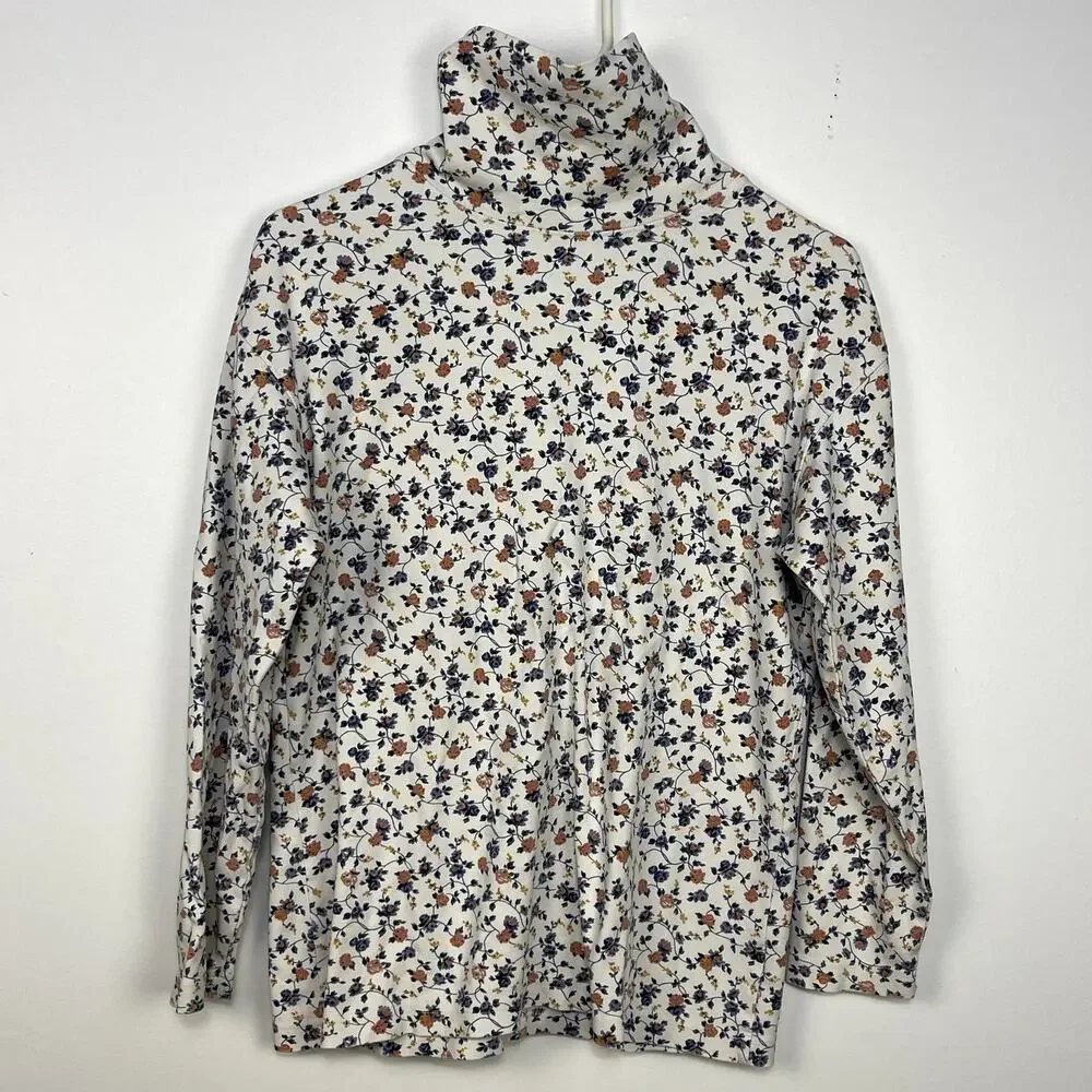 Women's Hunt Club White and Floral White Cotton Turtle Neck Long Sleeve Shirt - Picture 3 of 5